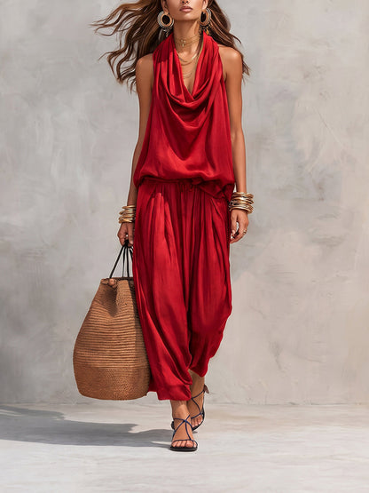 Loose Plus Size Solid Color Heaps Collar Blouses&Shirts Tops + High Waisted Drawstring Elasticity Pockets Pants Trousers Two Pieces Set
