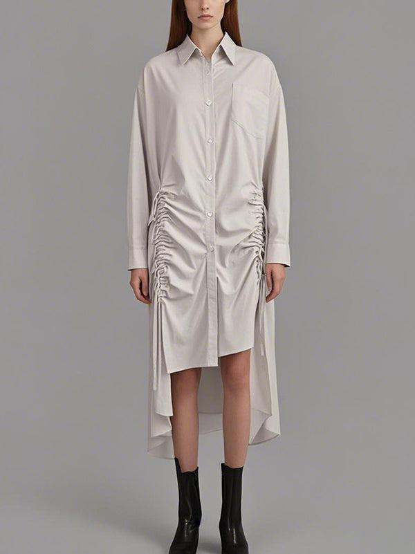 High-Low Long Sleeves Buttoned Drawstring Pleated Pockets Solid Color Lapel Midi Dresses