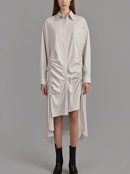 High-Low Long Sleeves Buttoned Drawstring Pleated Pockets Solid Color Lapel Midi Dresses