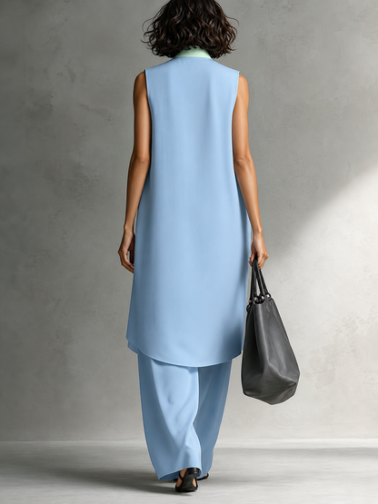Loose Contrast Color Stand Collar Buttoned Blouses&shirts Tops + High Waisted Elasticity Pockets Pants Trousers Two Pieces Set