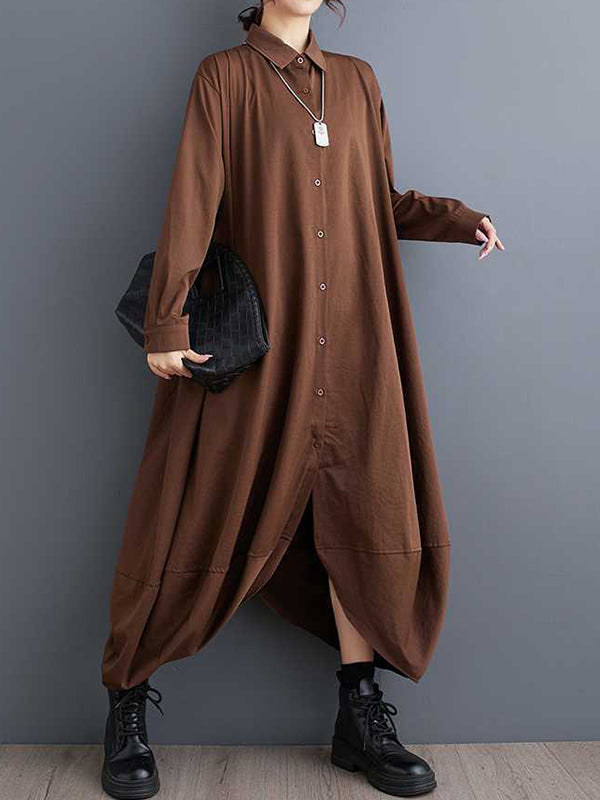 A-Line Long Sleeves Buttoned Pockets Solid Color Split-Joint Lapel Midi Dresses Shirt Dress