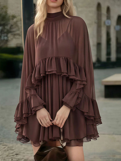 High Waisted Sleeveless Pleated Ruffled Solid Color Split-Joint Tied Mock Neck Mini Dresses Two Pieces Set