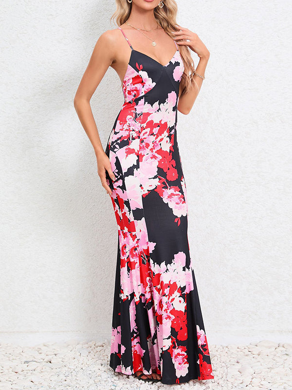 Bodycon Mermaid Flower Print Split-Joint Spaghetti-Neck Maxi Dresses