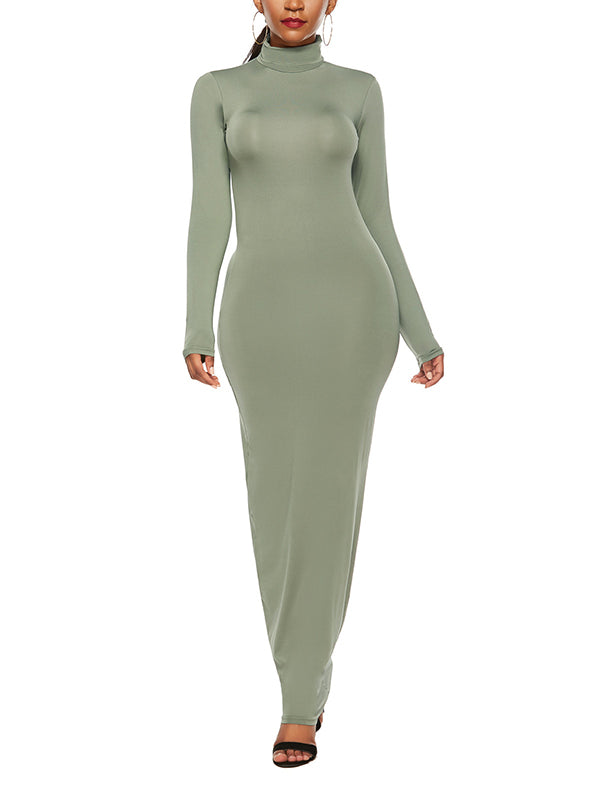 Bodycon Long Sleeves Solid Color High Neck Maxi Dresses