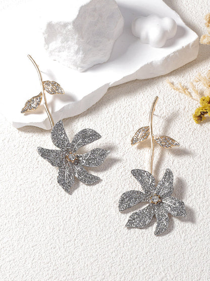 Flower Shape Rhine Stones Shiny Earrings Accessories