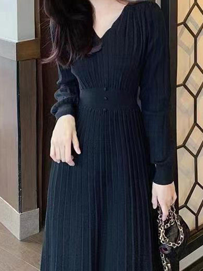A-Line High Waisted Pleated Solid Color V-Neck Midi Dresses Sweater Dresses