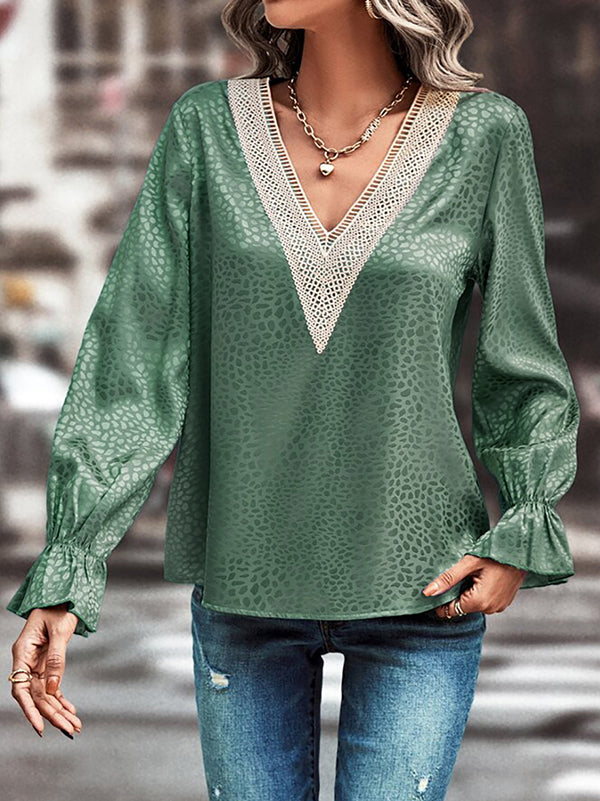 Long Sleeves Loose Elasticity Hollow Jacquard Leopard Split-Joint V-Neck Blouses&Shirts Tops