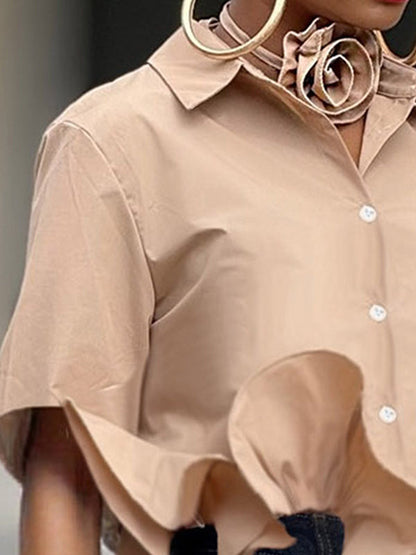 Loose Short Sleeves Ruffled Split-Joint Lapel Blouses