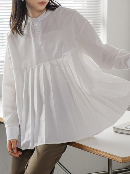 Long Sleeves Loose Buttoned Pleated Solid Color Round-Neck Blouses&Shirts Tops