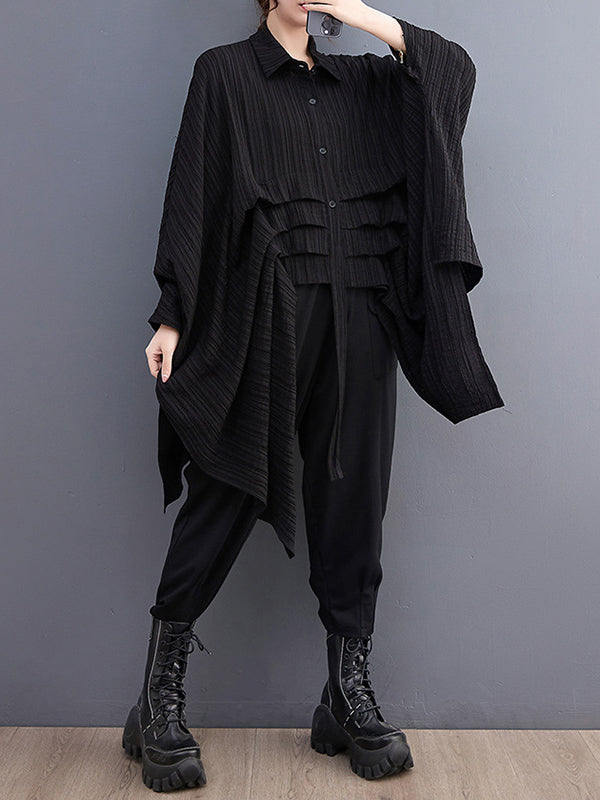 Long Sleeves Loose Pleated Solid Color Lapel Blouses&Shirts Tops