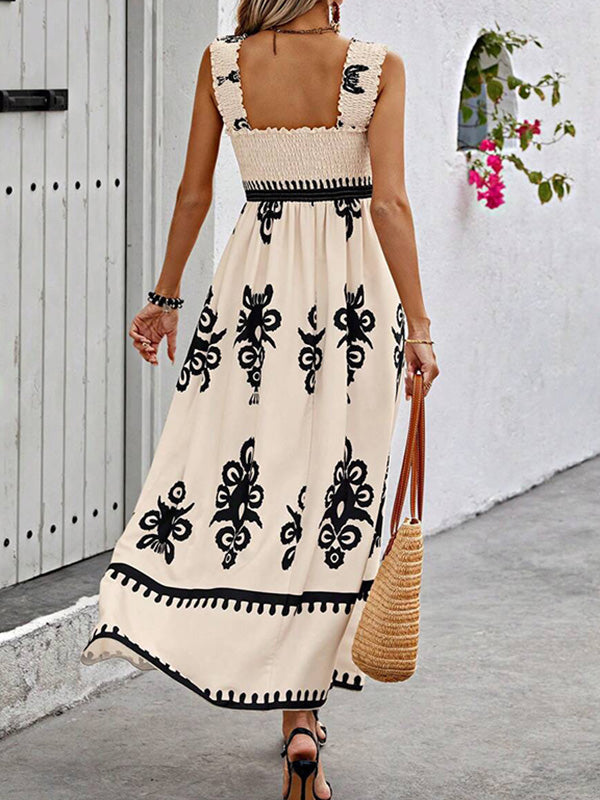 A-Line Loose Elasticity Pleated Printed Split-Joint Square-Neck Maxi Dresses