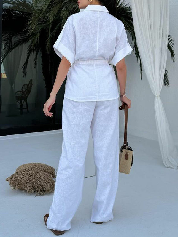 Loose Drawstring Split-Joint Tied Waist Lapel Blouse + High Waisted Pants Trousers Two Pieces Set