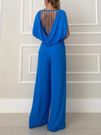 High-Low Wide Leg Backless Hollow Solid Color Round-Neck Jumpsuits Bottoms