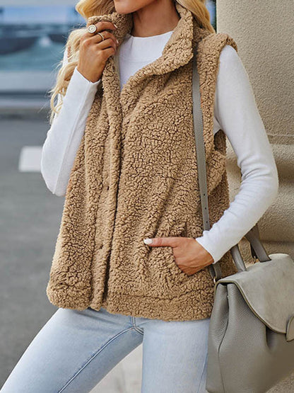 Loose Sleeveless Solid Color Stand Collar Vest Outerwear