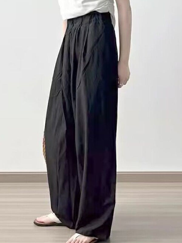 High Waisted Loose Elasticity Pleated Pockets Solid Color Pants Trousers