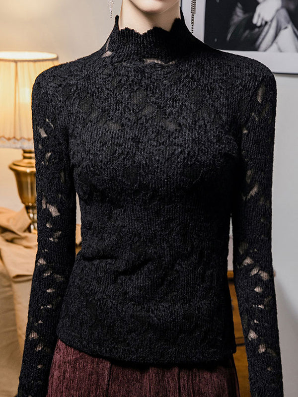 Long Sleeves Plus Size Crochet Hollow Solid Color Mock Neck T-Shirts Tops