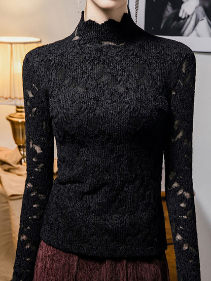 Long Sleeves Plus Size Crochet Hollow Solid Color Mock Neck T-Shirts Tops