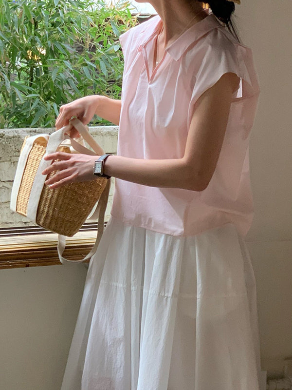 Cap Sleeve Loose Solid Color Lapel Blouses&Shirts Tops