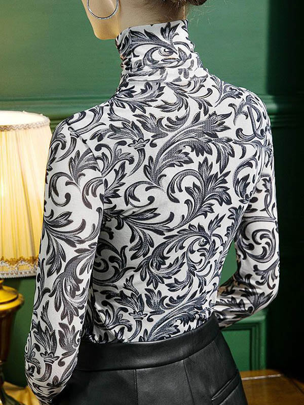 Long Sleeves Skinny Contrast Color Split-Joint High Neck T-Shirts Tops