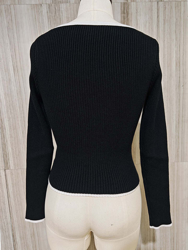 Long Sleeves Skinny Pleated Split-Joint V-Neck Sweater Tops