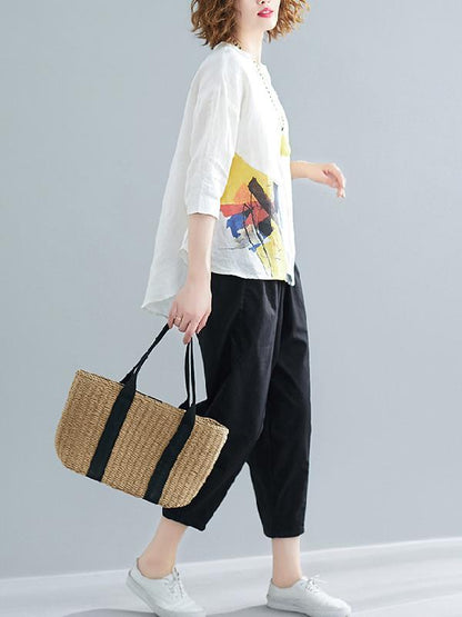 Printed Shirt + Solid Wide Leg Pants