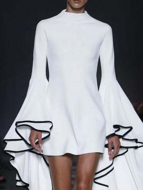 Flared Sleeves Long Sleeves Solid Color Stand Collar Mini Dresses