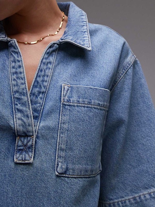 Loose Short Sleeves Pockets Solid Color Lapel Mini Dresses