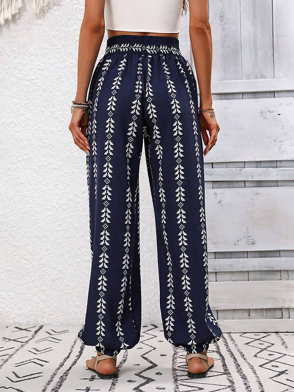 High Waisted Loose Drawstring Elasticity Pleated Printed Knickerbockers Pants Trousers