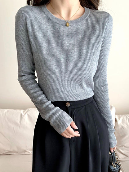 Long Sleeves Skinny Solid Color Round-Neck Knitwear Pullovers Sweater Tops