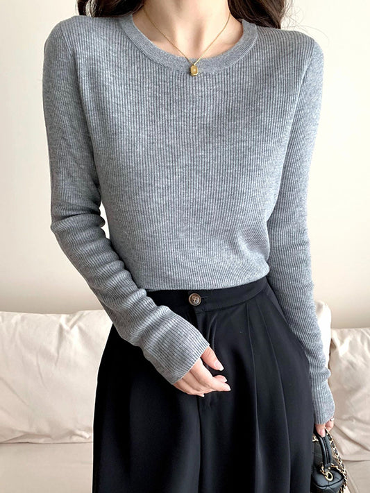 Long Sleeves Skinny Solid Color Round-Neck Knitwear Pullovers Sweater Tops