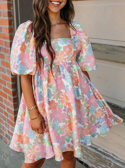 A-Line High Waisted Elasticity Flower Print Pleated Split-Joint Zipper Square-Neck Mini Dresses