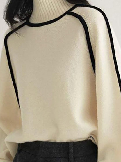 Long Sleeves Loose Contrast Color Split-Joint High Neck Pullovers Sweater Tops
