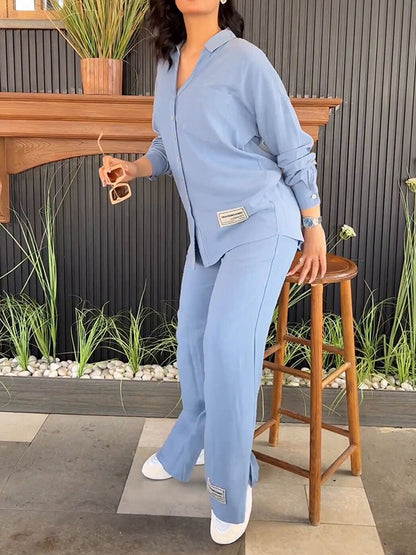 Solid Color Long Sleeves Buttoned Lapel Shirts Top + Split-Side High Waisted Pants Bottom Two Pieces Set