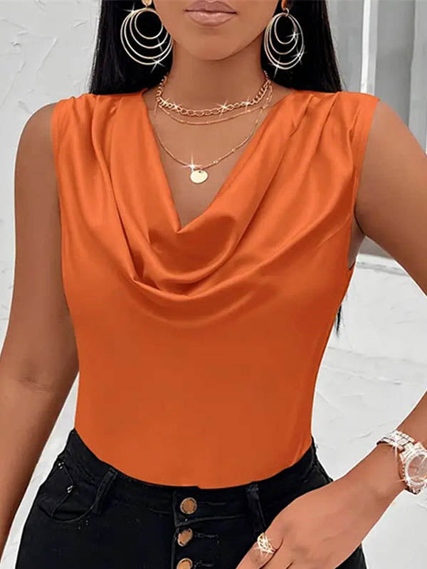 Loose Sleeveless Pleated Solid Color V-Neck Vest Top