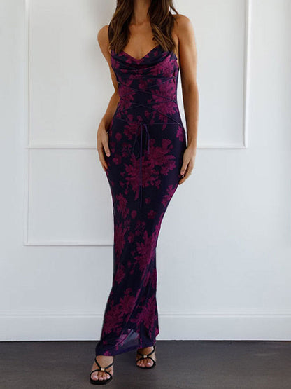 Bodycon High Waisted Contrast Color Flower Print Split-Joint Tied Spaghetti-Neck Maxi Dresses