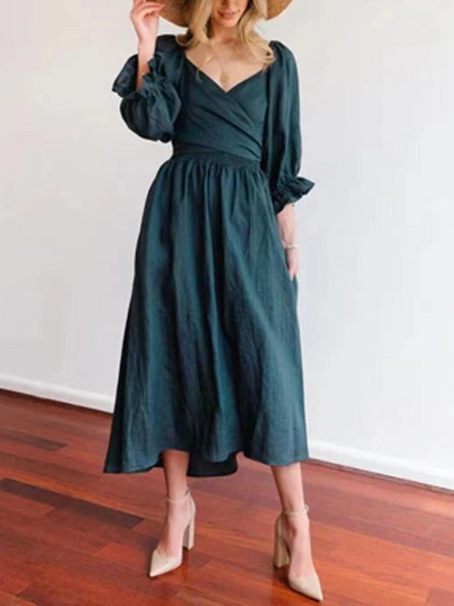 High Waisted Long Sleeves Elasticity Pleated Solid Color V-Neck Midi Dresses