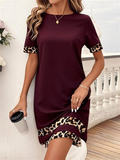 Bodycon Loose Contrast Color Leopard Split-Joint Round-Neck Mini Dresses