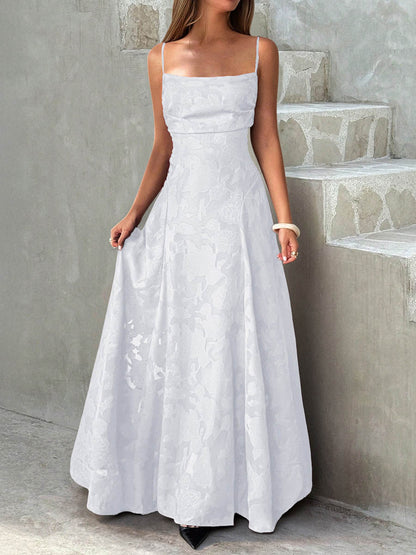 A-Line High Waisted Jacquard Pleated Solid Color Spaghetti-Neck Maxi Dresses
