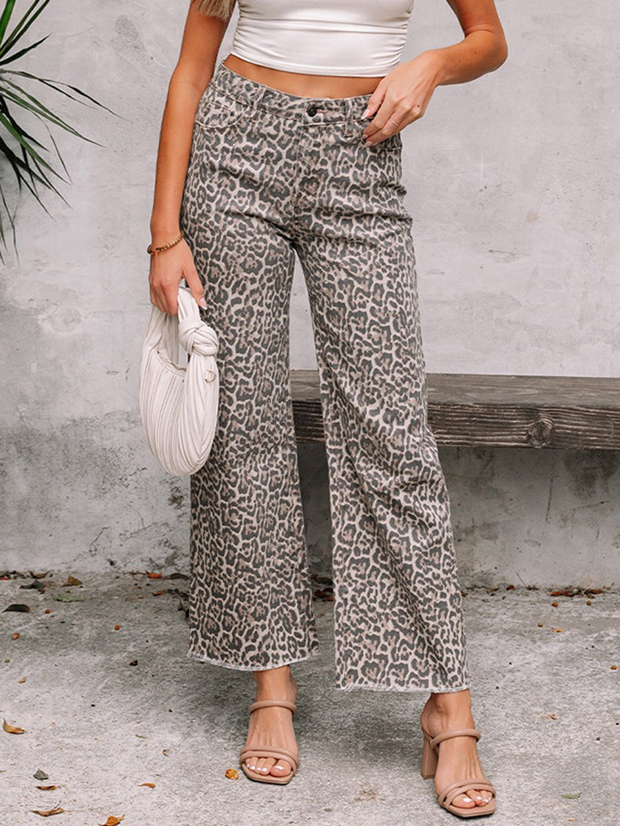 High Waisted Leopard Pockets Jean Pants Bottoms