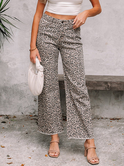 High Waisted Leopard Pockets Jean Pants Bottoms
