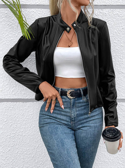 Long Sleeves Skinny Buttoned Solid Color Split-Joint Zipper Stand Collar Jackets Outerwear