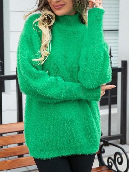 Long Sleeves Loose Solid Color High-Neck Knitwear Pullovers Sweater Tops