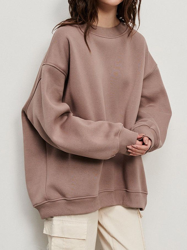 Long Sleeves Loose Solid Color Round-Neck Sweatshirt Tops