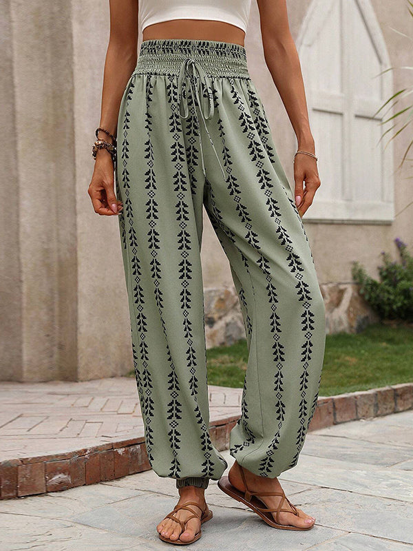 High Waisted Loose Drawstring Elasticity Pleated Printed Knickerbockers Pants Trousers