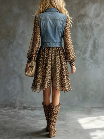 Long Sleeves Loose Buttoned Leopard Pockets Split-Joint Lapel Mini Dresses