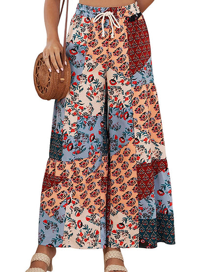 High Waisted Loose Drawstring Flower Print Pleated Pants Trousers
