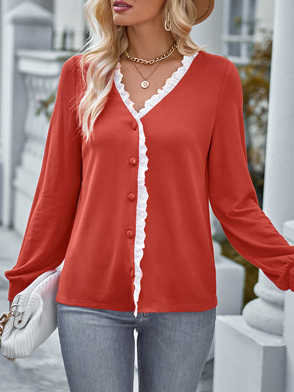 Long Sleeves Loose Buttoned Ruffle Trim Split-Joint V-Neck T-Shirts Tops