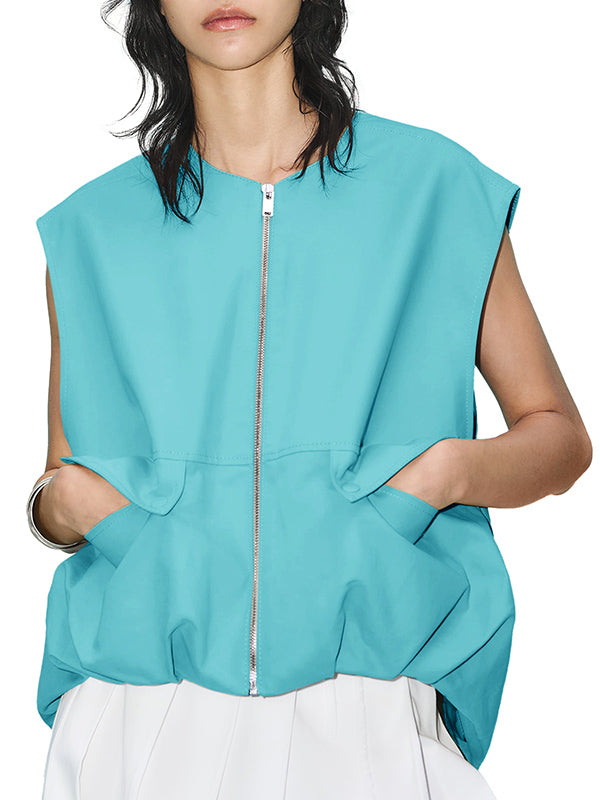 Loose Sleeveless Pockets Split-Joint Zipper Round-Neck Vest Outerwear