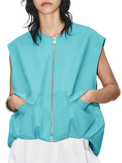 Loose Sleeveless Pockets Split-Joint Zipper Round-Neck Vest Outerwear
