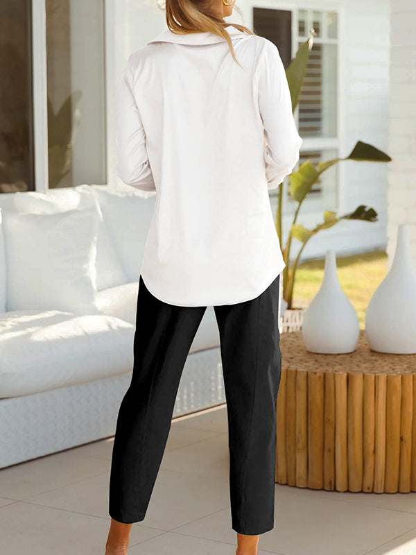 Long Sleeves Buttoned Notched Collar Blouses&Shirts Tops